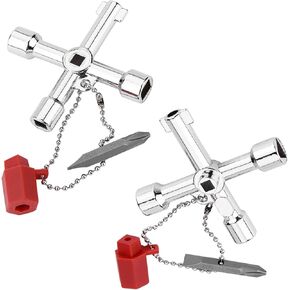 2 Pcs 4 Way Cross Key, Zinc Alloy Multifunction Universal Opening Cross Key for Plumbers, Electricians, Train Door Electrical Cupboard Box Elevator water Meter Valve, Silver, HCJad1