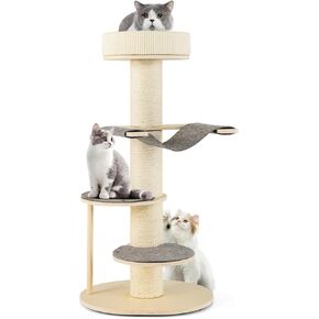 Tangkula Wood Cat Tree, 47 Inch Multi-Layer Cat Tower with 5.7" Thicker Sisal Covered Scratching Posts & Carpet, Padded Top Perch, 2 Jumping Platforms, Hammock, Modern Cat Tree Tower for Indoor Cats