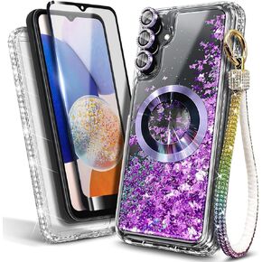 NZND Compatible with Samsung Galaxy A14 5G Case with Tempered Glass Screen Protector (Maximum Coverage), Ring Holder/Wrist Strap, Glitter Liquid Floating Waterfall Cute Case (Pink/Aqua)