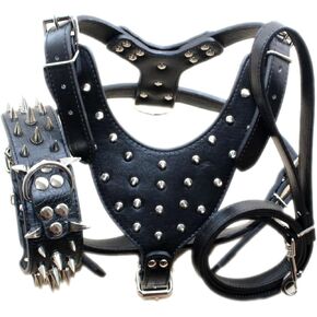 Leather Spiked Dog Harness and Collar Set, Large Breeds Bull Terriers, Labradors, Dobermans, Durable Leather Harness with Metal Studs and Matching Collar Leash 3Pcs Set (Spikes Black, L)