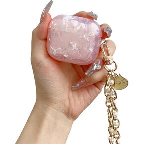 for AirPods Pro 2nd Generation Case Cute Women Girly Shell Pattern with Alloys Metals Pearl Keychain + 2 Pack Cable Clips,Luxury Protective Headphone Cover for AirPod Pro,Pink
