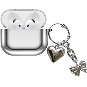 Electroplated TPU Case for AirPods 4 2024, Cute Mirror Love Heart Bowknot Keychain Soft Cover, Shockproof Protective Case for AirPods 4, Glitter Silver (D) in Kuwait
