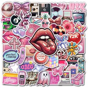 Pack 50 PCS Y2K Stickers Pink Party Favors & Decorations 2000s and Aesthetic Waterproof Vinyl Decals Sticker Decor Water Bottle Laptop Luggage Phone Computer Helmet Gifts Birthday for Teens