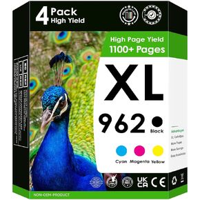 HP 962 XL Ink Cartridges Works with HP OfficeJet Pro 9010 9012 9014 9015 9016 9019 9020 9022 9025 9026 9028 Printers, 4 Pack 962xl (Black, Magenta, Cyan & Yellow)