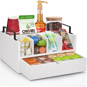 Coffee Bar Organizer for Countertop, Wood Coffee Station Organizer with Drawer, K Cup Organizer Coffee Pods Holder with Handle, Rustic Coffee Bar Accessories Condiment Organizer for Coffee Bar Decor