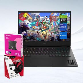 كمبيوتر محمول HP Omen i9 RTX 4080 للألعاب، شاشة 16.1 بوصة QHD 240 هرتز، Intel i9-14900HX RTX 4080، لوحة مفاتيح بإضاءة خلفية RGB، Wi-Fi 7، ذاكرة وصول عشوائي 64 جيجابايت، 4 تيرابايت SSD، مع سماعة رأس لاسلكية HyperX Cloud II Core وحزمة SSD خارجية Adata 512 ج