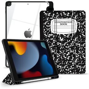 TopPerfekt Slim Case for iPad 9th / 8th / 7th Generation (2021/2020 / 2019) 10.2 Inch - [Built-in Pencil Holder] Shockproof Cover with Clear Transparent Back Shell, Auto Sleep Wake Composition Book