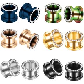 Shejuety12 pieces stainless steel screw ear gauge tunnel for men and women, set with diamond zircon ear expander, human piercing ear accessory size 14G-00G (1.6mm-10mm)