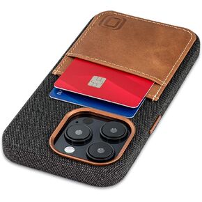 Dockem iPhone 14 Pro Fabric Card Case with Built-in Metal Plate for Magnetic Mounting, Stitched-on Genuine Leather Wallet with 2 Credit Card/ID Slots: M2F 14 Pro [Grey w/Light Brown]