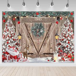 Mocsicka 10x8ft Winter Christmas Backdrop Rustic Barn Wood Door Photography Backdrop Xmas Tree Snow Gifts Decor for Family Holiday Party Supplies Photo Studio Props Background