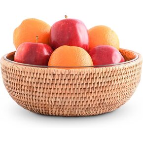 Vagabond House Handmade Lightweight Wicker Fruit Basket – Stylist Functional Rattan Serving Bowl with Orchid Design and Removable Glass Bowl - Wicker Basket Fruit Basket for Kitchen 10.5 inches