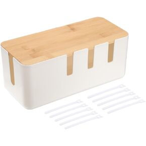 HARFINGTON Cable Management Box, Cord Organizer with Nylon Cable Reusable Ties for Home Office Desk, TV Computer Router Wires, Power Strips Hiding, White, Wooden Lid