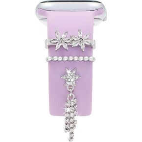 Watch Band Charms Set, Decorative Ring Loops Charms Compatible with Silicone Apple Watch Band 38 40 41 42 44 45 49mm, Chic Elengent Flower Diamond Wristband Accessories for iWatch Series Ultra 9 8 7 6 5 4 3 2 1(No Band)