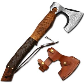 18" Viking Axe Bearded Axe Tomahawk Birthday Gifts-Valhalla Axe, Carbon Steel Viking Axe Head, Engraved Handle, Wolf Camp Axe, Genuine Leather Sheath & Wrap