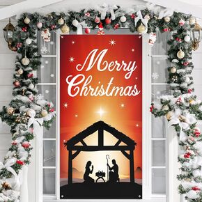 Christmas Nativity Scene Door Cover Holy Night Christ Nativity Scene Photography Background Merry Christmas Jesus Door Decorations Xmas Baptism Front Door Banner Backdrop Party Supplies