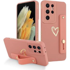 Fiyart Designed for Samsung Galaxy S24 Ultra Case with Phone Stand Holder Cute Love Hearts Protective Camera Protection Cover with Wrist Strap for Women Girls for Galaxy S24 Ultra 6.8"-Wine Red