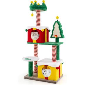 PETSITE 61 inch Christmas-Themed Cat Tree, Multi-Level Cat Tower with Sisal Scratching Posts, 2 Gift Box-Shaped Cat Condos, Hanging Teasing Ball, and Spring Toys, Cute Cat Tree Tower for Indoor Cats