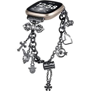 FitTurn Bling Band Compatible with Fitbit Versa 4/Sense 2 Band for Women Stainless Steel Diamond Jewelry Bracelet for Women with Bow Connector Interchangeable Charm for Versa 4/Sense 2 smartwatch