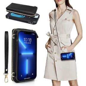 nuoku Designed for iPhone 14 Case Wallet with RFID Blocking Card Holder, Magnetic Detachable Lanyard Strap Wristlet Zipper Crossbody Wallet Women Compatible with iPhone 14 (Black)