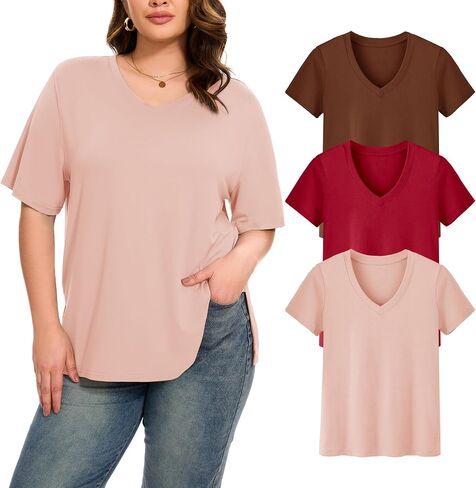 HLTPRO 3 Pack Women's Plus Size V Neck T-Shirt Black Casual Short Sleeve Tees Loose Fit Soft Tops for Gym Workout S - 3XL in Saudi Arabia