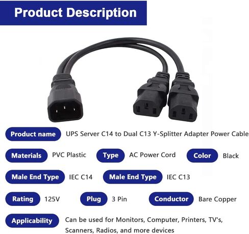 UPS Server C14 to Dual C13 5-13R Y Splitter Adapter Power Cable Cord 30cm (2 Pack) in Saudi Arabia