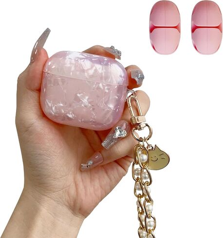 for AirPods Pro 2nd Generation Case Cute Women Girly Shell Pattern with Alloys Metals Pearl Keychain + 2 Pack Cable Clips,Luxury Protective Headphone Cover for AirPod Pro,Pink in Saudi Arabia