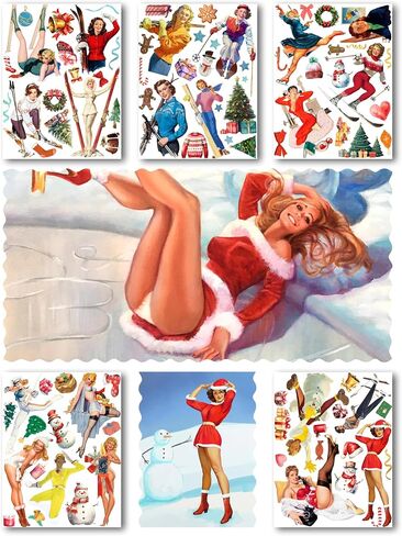 Large Stickers Pack # Sexy Pin-Up Girls Skiing: Winter Activities, Christmas Cheerand Classic Holiday Art HANATABA Vintage Styled Wall Laptop Vinyl Decals in Saudi Arabia