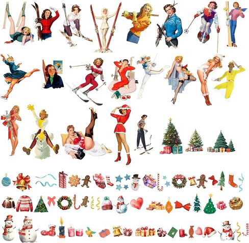 Large Stickers Pack # Sexy Pin-Up Girls Skiing: Winter Activities, Christmas Cheerand Classic Holiday Art HANATABA Vintage Styled Wall Laptop Vinyl Decals in Saudi Arabia