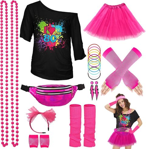 WILDPARTY 80s Costume Accessories for Women, T-Shirt Tutu Fanny Pack Headband Earring Necklace Fishnet Gloves Legwarmers 80s Party Halloween outfit for Women 24PCS (Pink M) in Kuwait