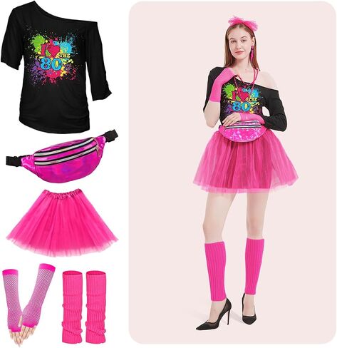 WILDPARTY 80s Costume Accessories for Women, T-Shirt Tutu Fanny Pack Headband Earring Necklace Fishnet Gloves Legwarmers 80s Party Halloween outfit for Women 24PCS (Pink M) in Kuwait