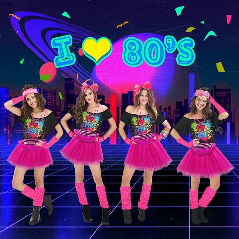WILDPARTY 80s Costume Accessories for Women, T-Shirt Tutu Fanny Pack Headband Earring Necklace Fishnet Gloves Legwarmers 80s Party Halloween outfit for Women 24PCS (Pink M) in Kuwait