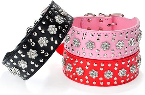 Serijoars Rhinestones Dog Collars Flower Pattern Rhinestone Studded Leather Sparkly Crystal Diamonds Dazzling Elegant Fancy PU Leather Dog Collar for Medium & Large Dogs (L, Purple) in Saudi Arabia