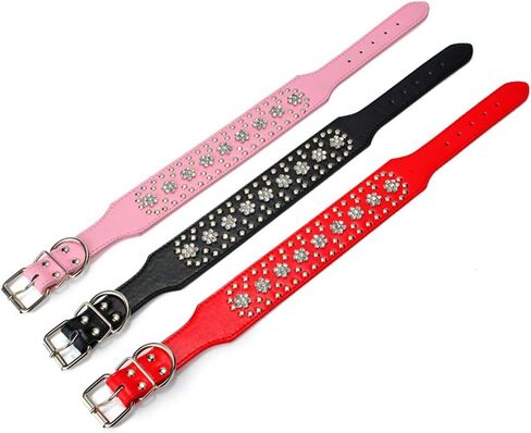 Serijoars Rhinestones Dog Collars Flower Pattern Rhinestone Studded Leather Sparkly Crystal Diamonds Dazzling Elegant Fancy PU Leather Dog Collar for Medium & Large Dogs (L, Purple) in Saudi Arabia