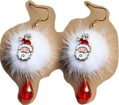 MA-01 Furry Poms Earrings For Women Girls With Real Mink Fur Pompon And Fur Flowers Ear Studs Fur Ball Earrings Soft Plush Dangle Ear Drop Christmas Fur Accessory Pendant (Plush Christmas Deer) in Kuwait