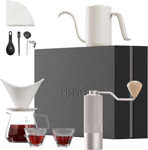 MAVO Pour Over Coffee Maker Set Includes Manual Coffee Grinder,Pour Over Kettle,Ceramic Dripper, Coffee Server Pot,2 tasting cup,Filter Paper,ALL in 1 Black Gift Box for Home Outdoors Office Camping in Saudi Arabia