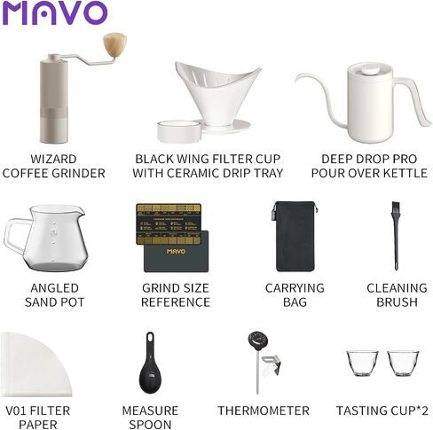 MAVO Pour Over Coffee Maker Set Includes Manual Coffee Grinder,Pour Over Kettle,Ceramic Dripper, Coffee Server Pot,2 tasting cup,Filter Paper,ALL in 1 Black Gift Box for Home Outdoors Office Camping in Saudi Arabia