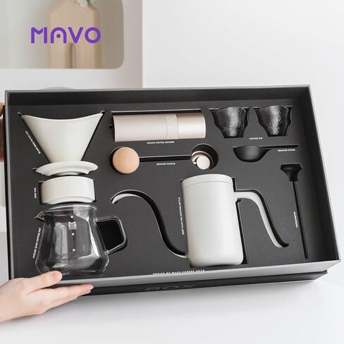 MAVO Pour Over Coffee Maker Set Includes Manual Coffee Grinder,Pour Over Kettle,Ceramic Dripper, Coffee Server Pot,2 tasting cup,Filter Paper,ALL in 1 Black Gift Box for Home Outdoors Office Camping in Saudi Arabia