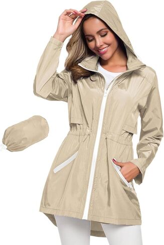 Avoogue Women's Long Raincoat with Hood Outdoor Lightweight Windbreaker Rain Jacket Waterproof in Kuwait