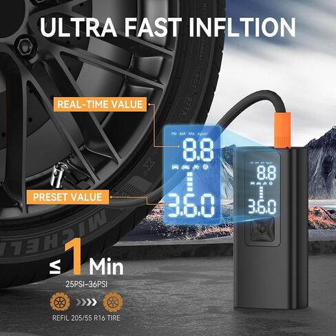 GIGART Tire Inflator Portable Air Compressor, 3X Faster Cordless Air Pump for Car Tires with 25000mAh Battery, 150PSI Tire Pump with Digital Pressure Gauge, LCD Dual Display, for Car, Motorcycle in Saudi Arabia