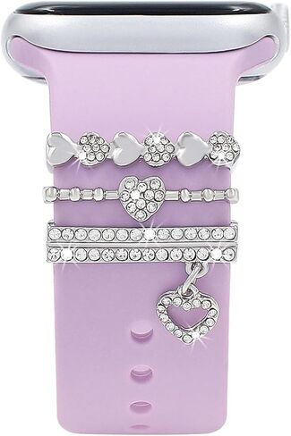 Watch Band Charms Set, Decorative Ring Loops Charms Compatible with Silicone Apple Watch Band 38 40 41 42 44 45 49mm, Chic Elengent Flower Diamond Wristband Accessories for iWatch Series Ultra 9 8 7 6 5 4 3 2 1(No Band) in Saudi Arabia