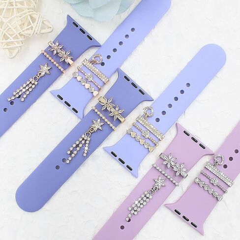 Watch Band Charms Set, Decorative Ring Loops Charms Compatible with Silicone Apple Watch Band 38 40 41 42 44 45 49mm, Chic Elengent Flower Diamond Wristband Accessories for iWatch Series Ultra 9 8 7 6 5 4 3 2 1(No Band) in Saudi Arabia