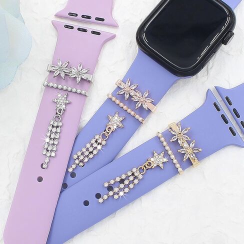 Watch Band Charms Set, Decorative Ring Loops Charms Compatible with Silicone Apple Watch Band 38 40 41 42 44 45 49mm, Chic Elengent Flower Diamond Wristband Accessories for iWatch Series Ultra 9 8 7 6 5 4 3 2 1(No Band) in Saudi Arabia