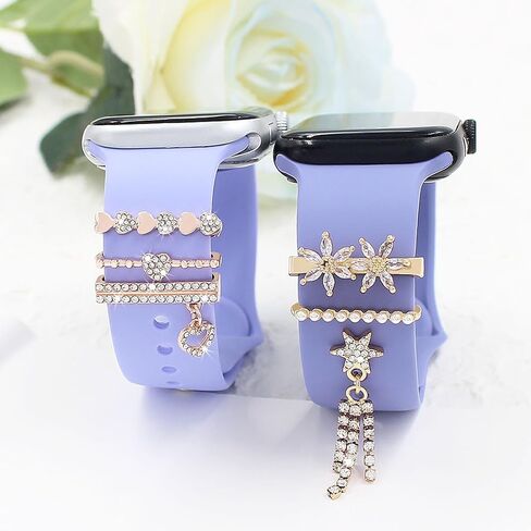 Watch Band Charms Set, Decorative Ring Loops Charms Compatible with Silicone Apple Watch Band 38 40 41 42 44 45 49mm, Chic Elengent Flower Diamond Wristband Accessories for iWatch Series Ultra 9 8 7 6 5 4 3 2 1(No Band) in Saudi Arabia