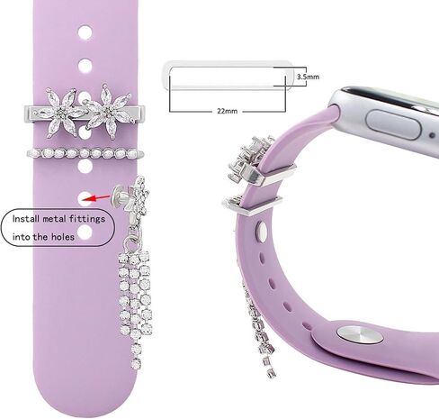 Watch Band Charms Set, Decorative Ring Loops Charms Compatible with Silicone Apple Watch Band 38 40 41 42 44 45 49mm, Chic Elengent Flower Diamond Wristband Accessories for iWatch Series Ultra 9 8 7 6 5 4 3 2 1(No Band) in Saudi Arabia
