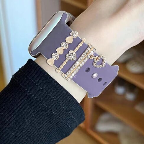 Watch Band Charms Set, Decorative Ring Loops Charms Compatible with Silicone Apple Watch Band 38 40 41 42 44 45 49mm, Chic Elengent Flower Diamond Wristband Accessories for iWatch Series Ultra 9 8 7 6 5 4 3 2 1(No Band) in Saudi Arabia