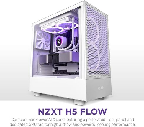 NZXT H5 Flow - Compact ATX Mid-Tower PC Case - Black | Compact mid-tower with 2 included 120mm fans, 360mm front radiator support, and tempered glass. A great first airflow build. in Kuwait