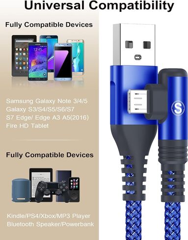كابل sweguard Micro USB بزاوية يمنى [عبوتين، 6.6FT+6.6FT] كابل شاحن Android، سلك شاحن صغير مضفر من النايلون لهاتف Samsung Galaxy S7 Edge S6 S2 J7 J5 J3 J3V J2، LG K10 V10، Moto E6 5 4، PS4- أزرق in Saudi Arabia