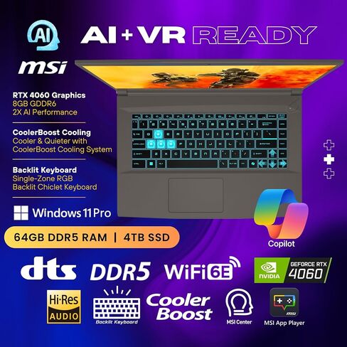MSI Thin 15 Gaming Laptop, 15.6" FHD IPS Display, AMD Ryzen 9 8945HS(>i9-13900H, 5.2 GHz), GeForce RTX 4060, AI&VR Ready, Copilot+ PC, Backlit Keyboard, Windows 11 Pro, Gray(64GB DDR5 RAM | 4TB SSD) in Saudi Arabia