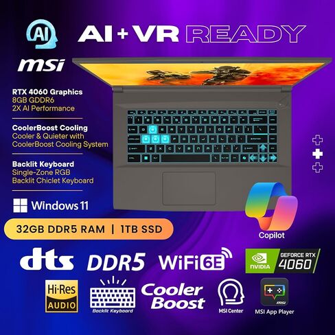 MSI Thin 15 Gaming Laptop, 15.6" FHD IPS Display, AMD Ryzen 9 8945HS(>i9-13900H, 5.2 GHz), GeForce RTX 4060, AI&VR Ready, Copilot+ PC, Backlit Keyboard, Windows 11 Pro, Gray(64GB DDR5 RAM | 4TB SSD) in Saudi Arabia