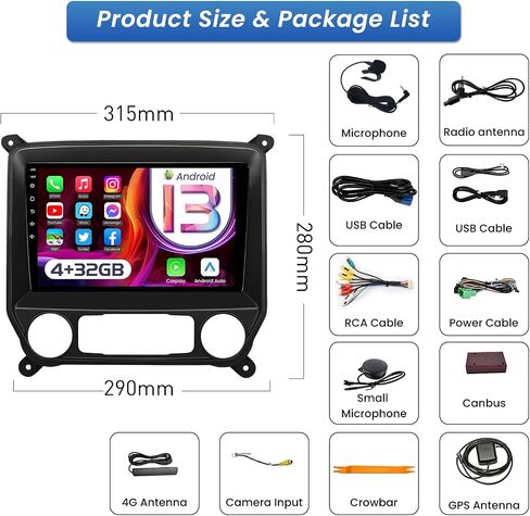 4G+32G Car Stereo Radio Accessorie for Chevy Silverado 2014 2015 2016 2017 2018: 9Inches DSP High-Fidelity Sound Head Unit with Wireless CarPlay Android Auto Bluetooth (Support upgrade to Bose system) in Kuwait